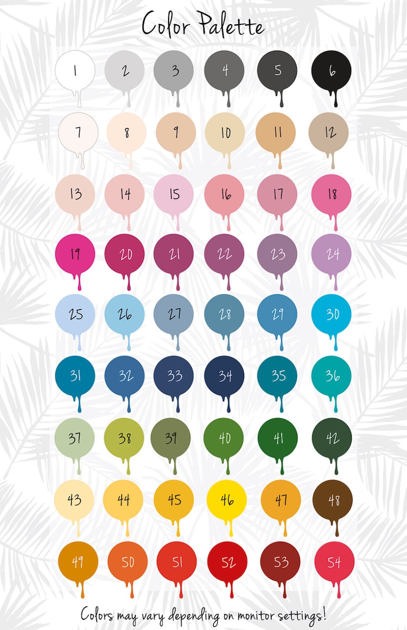 May include: Color palette chart with 54 different colors, numbered 1 through 54. The colors are arranged in rows of six, with each color represented by a circle with a dripping effect. The colors range from light to dark, and from cool to warm.