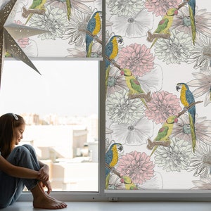 Roller Blinds, Blackout or Sheer Option, Parrots on a branch, Blue and White, Animals, Window Shades, Printed Pattern