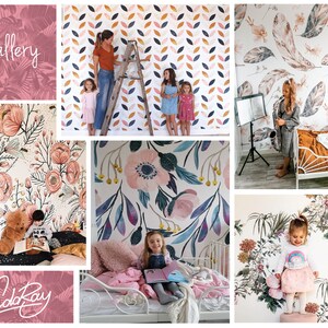 May include: A collage of images featuring different floral wallpaper designs. The designs include pink and white flowers, leaves, and geometric patterns. The text "Gallery" and "Old Ray" are featured in the collage.