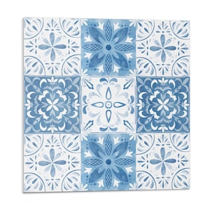 May include: A blue and white patterned tile design with a watercolor effect. The tile design features a repeating pattern of floral motifs.
