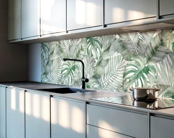 Tropical leaves in a Panel Stickers, Green Removable Panels, Splashback Panel, Flowers and Plants Decal Decoration, Kitchen Panel Stickers