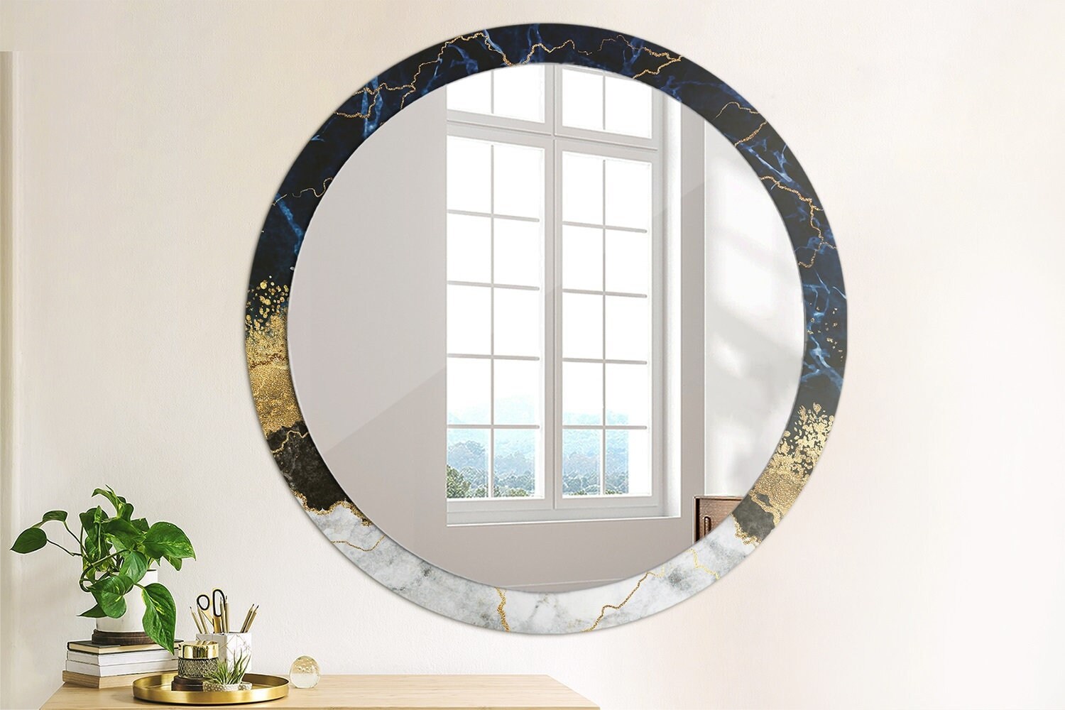 Espejo De Pared Geoda Azul Y Dorado DesignQ (60cm) - Impresión Abstracta Mármol