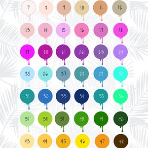 May include: Color palette chart with 54 different colors, numbered 1 through 54. Each color is represented by a circle with a dripping effect, resembling paint.