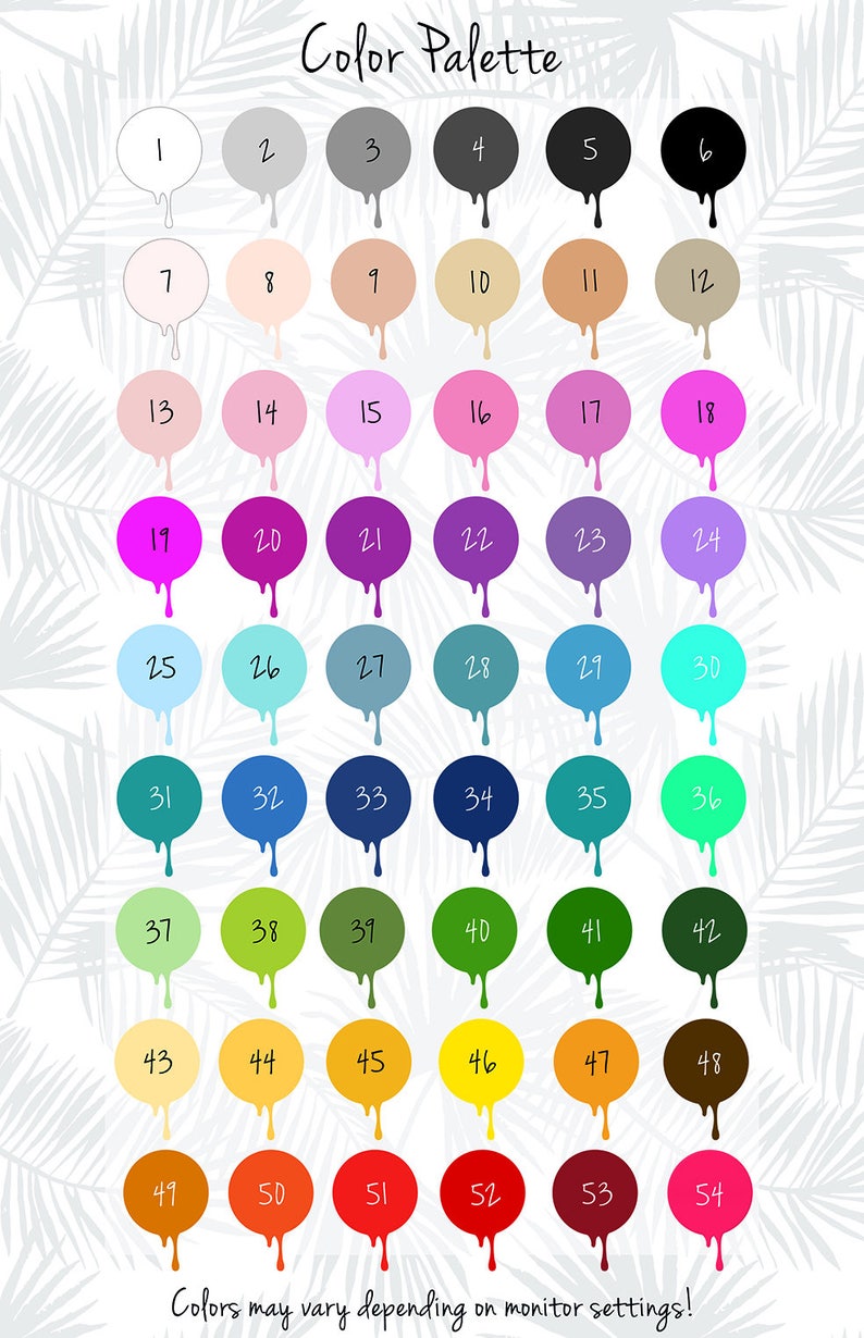 May include: Color palette chart with 54 different colors, numbered 1 through 54. Each color is represented by a circle with a dripping effect, resembling paint.