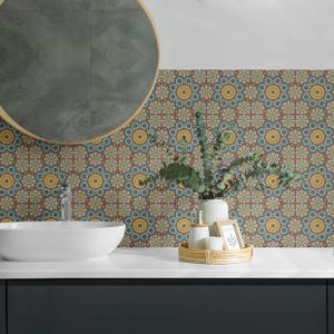 Mosaic Flowers PVC Floor Tiles, Yellow Tile Stickers, Peel and Stick Tiles, Texture Tile Stickers, Floor Tile Stickers