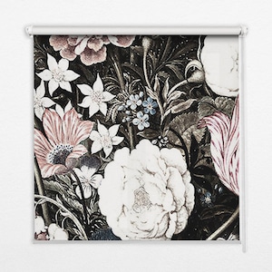 May include: A black and white floral print featuring pink, white, and blue flowers. The flowers are arranged in a bouquet and are surrounded by green leaves.