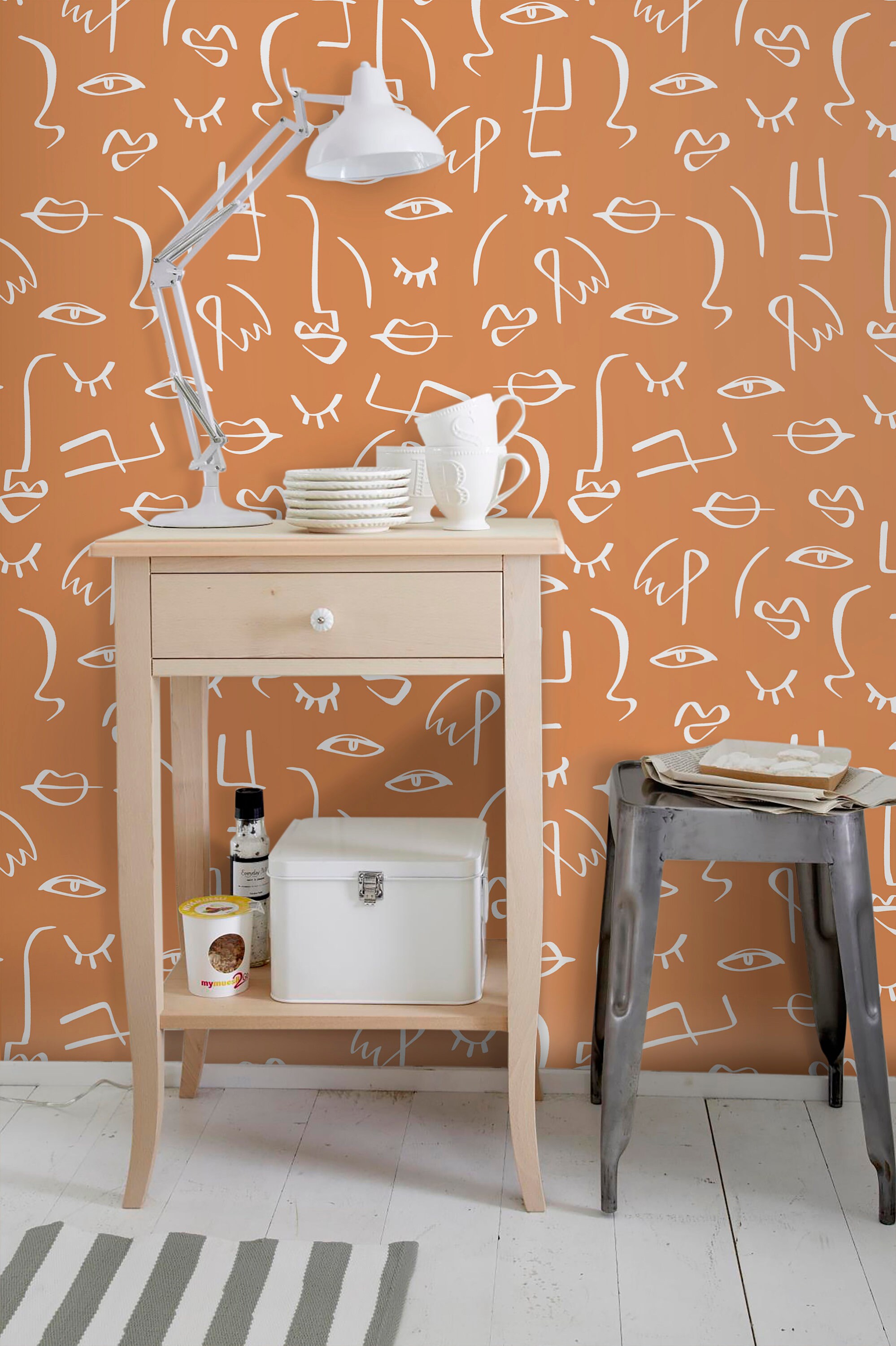 White Contour Lines Greek Art Hand Drawn, Peel And Stick Wallpaper, Temporary Sticker, Surrealism Art, Simple Pattern, Orange, Cubism #12KL