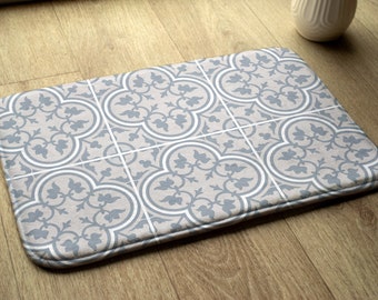Beige Bathroom Mat, Geometric Tilework, Toilet Artistic Pattern Designer Mat, Nonslip Carpet, Contemporary Rug