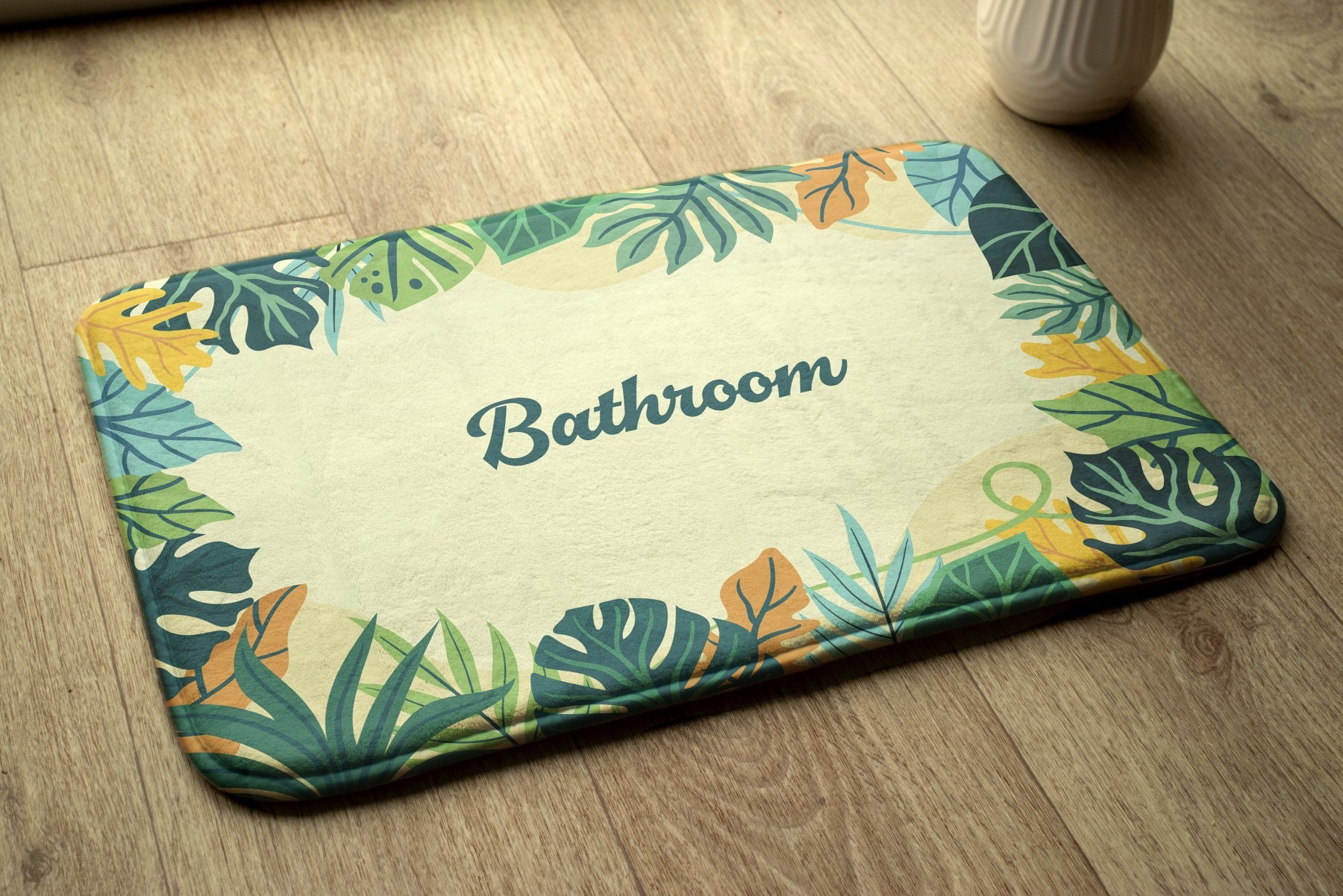 Jungle In The Bathroom Bathroom Mat, Botanical Pattern with text, Yellow, Designer Rug, Bath Rug, No-Skid Mat, Soft Mat