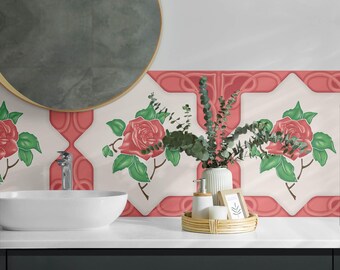 Floral Panel Stickers, Red Peel and Stick Panels, Splashback Panel, Flowers and Plants Decal Decoration, Floor Panel Stickers