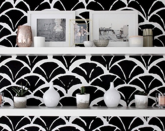 Oriental fish scale pattern, black and white, grunge wall mural, simple and minimalistic, reusable, peel and stick  #77