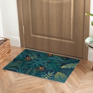 トロピカルリーフウェルカムマット、パーソナライズされた玄関マット、クールな玄関マット、ナチュラルパターン、グリーンの玄関マット