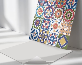May include: A sheet of peel and stick tile stickers with a colorful geometric pattern. The tiles feature a variety of colors, including blue, green, red, yellow, and white. The tiles are arranged in a repeating pattern of squares and diamonds.