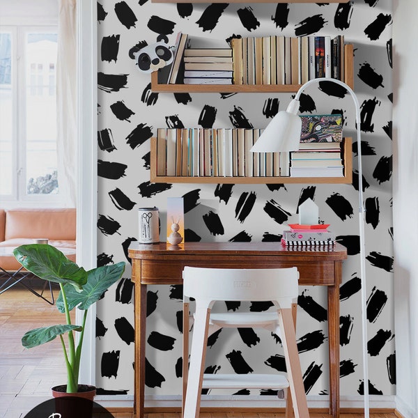 Black and white abstract wallpaper, Removable wall paper, Peel and stick decor wall mural, Custom color wall sticker   #47