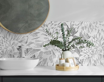Floral with leaves Panel Stickers, Black Removable Panels, Splashback Panel, Flowers and Plants Decal Decoration, Kitchen Panel Stickers