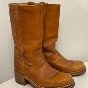 Vintage dingo campuslaarzen, dikke retro camelbruine laars, damesmaat 8,5