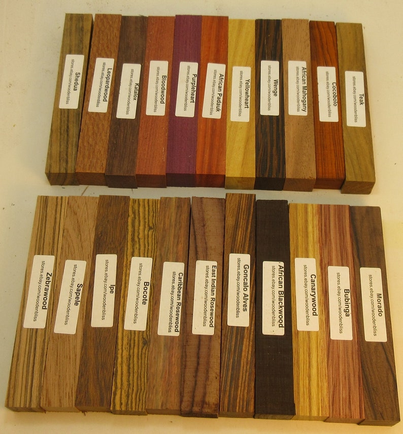 22 Different Exotic Wood Pen Blanks 3/4 x 5 Cocobolo, Zebrawood, Bocote M-22 image 1