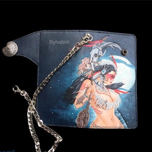 Handgemachte Biker Geldbörse - Native Kriegerin Design | Punzierter & Handbemalter Leder Ketten Geldbeutel | Western Motorrad Geschenk für Männer/byhalinh