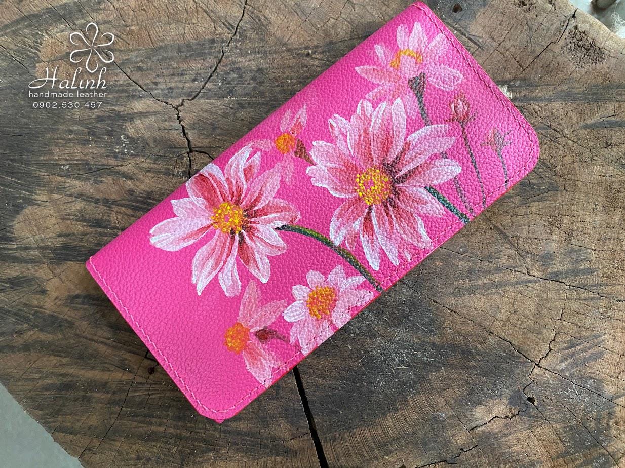 Hand Painted Leather Wallet: Pink Floral, Hand Stitched  display picture 3