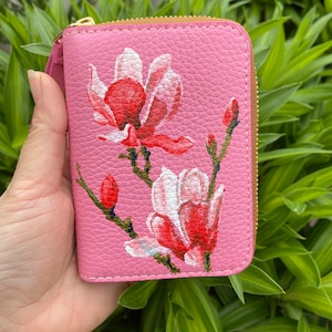 Byhalinh/carteira com zíper pintada à mão/carteira feminina rosa/carteira pintada com flor de magnólia/carteira de mão de couro genuíno
