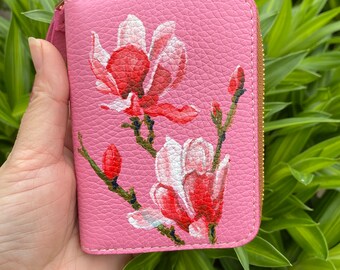 Hand-Painted Magnolia Wallet: Pink Leather Zip Wallet