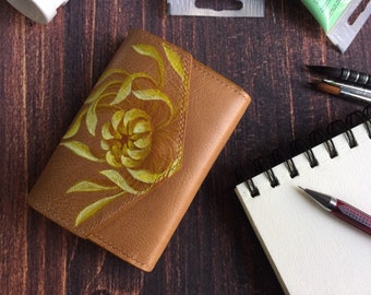 Hand-Painted Leather Wallet: Floral Design, Mini Women's Wallet