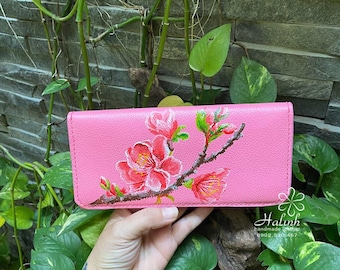 byhalinh/peach blossom/long leather wallet/flower painting wallet/handmade wallet