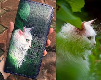 byhalinh/long handmade wallet/cat painted wallet/handcrafted leather wallet/wallet for cat lovers