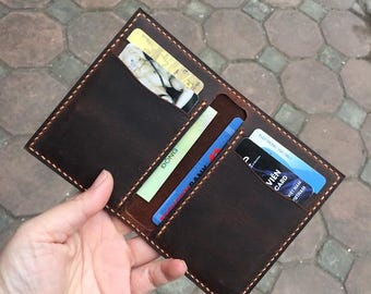 Cartera minimalista de cuero cosida a mano: billetera de cuero genuino/byhalinh/cuero flor