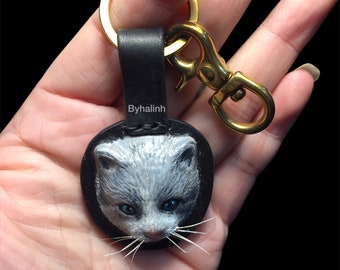 byhalinh/cat keychain/cat lover/handmade keychain/genuine leather keychain