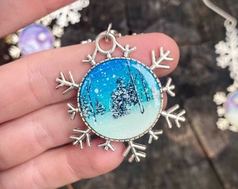 Handmade Christmas ornament, silver snowflake, hand painted, winter landscape painting, Christmas holiday gift, silver, small ornaments