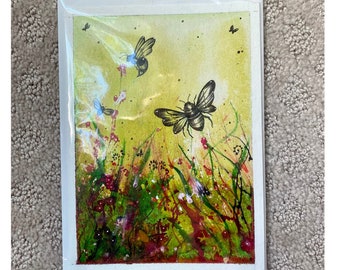 Hand Painted Card, Watercolor Card, Unique, One of a Kind, Watercolor Painting, Bees, Nature, Floral, Art, 5 x 7, Blank Greeting Cards