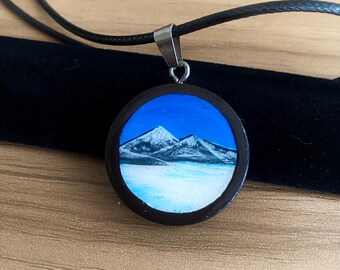 Wood Pendant Necklace, Wooden Necklace, Wood Jewelry, Mountain Jewelry, Hand Painted Jewelry, Mountainscape, Mountain Lovers, Nature