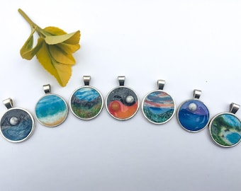 Silver Pendant Necklace, Hand Painted Jewelry, Nature, Landscape jewelry, Cabochon, Silver Jewelry, Mini Painting, Embedded Stone