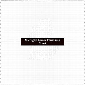 Op de afbeelding: Een zwart-wit rasterdiagram dat de omtrek van het onderste schiereiland van Michigan laat zien. Het diagram is gelabeld met "Michigan Lower Peninsula Chart".