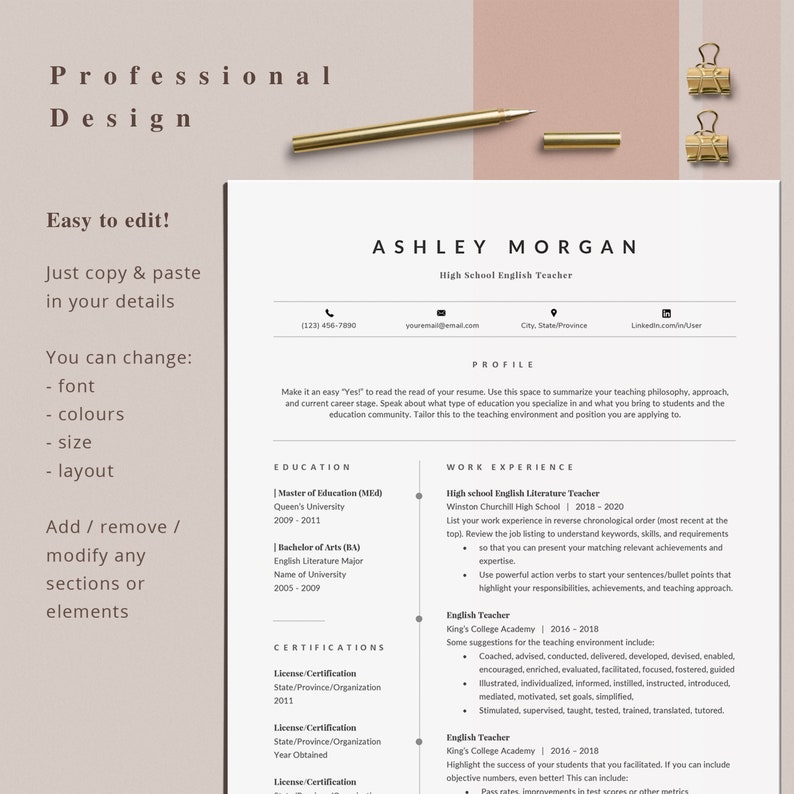 Modern teacher resume template Word for instant download, professional cv template with cover letter, executive resume template mac PC image 5
