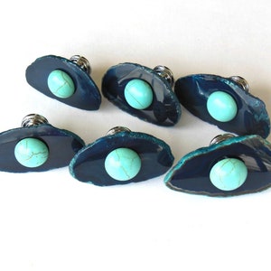 One (1) or Sets of (4) - (8) - (12) Knobs - Small Dark Turquoise Blue Agate Knobs - Juxtaposed Turquoise Howlite Stone - Home Décor
