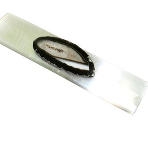 Black & White - Extra-Large Selenite Moonglow Handle - Juxtaposed Elongated Black Agate