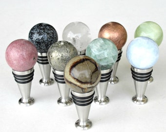 One (1) Stopper - Natural Orb Stone Bottle Stopper - Self-Stand Polished Stainless Steel - Wine Stopper - Home Décor