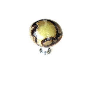 May include: A round, brown and yellow patterned cabinet knob with a silver base.