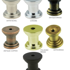 May include: Assortment of cabinet knobs in various finishes, including satin nickel, chrome, antique brass, antique copper, polished brass, satin brass, and rubbed oil.