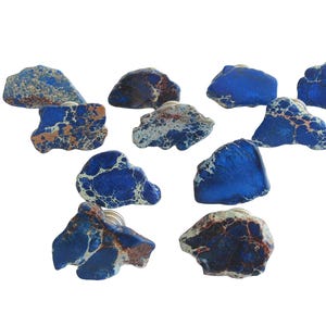 May include: A collection of eleven blue and brown stone cabinet knobs. Each knob has a unique pattern of blue, brown, and white, with a silver metal base. The knobs are arranged against a white background.