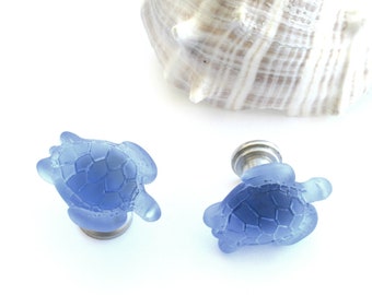 One (1) Knob - Light Sapphire Sea Turtle Cultured Sea Glass Knob - Small Sea Glass Knob - Beach Décor