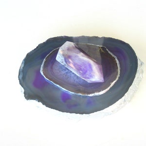 Purple - Grey Agate Tealight Candle Holder - Agate Lid - Banded Amethyst Obelisk Top - Home Décor