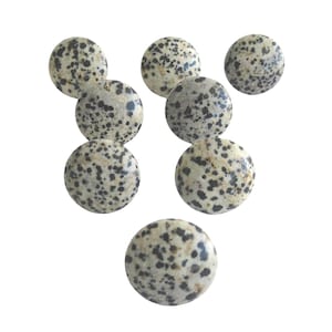 May include: A set of seven circular buttons featuring a cream-colored base with a dense pattern of small, irregular black and dark brown spots, resembling a dalmatian print. Each button has a smooth, rounded surface and a consistent round shape.