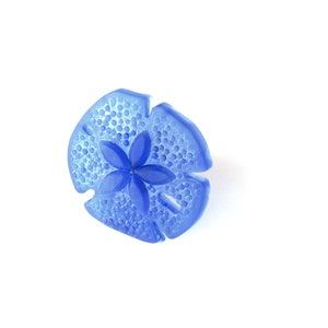 May include: A blue sand dollar with a five-pointed star design. The sand dollar is a popular beach souvenir.
