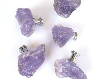 RAW AMETHYST QUARTZ Drawer Knobs - Free-Form Rough Natural Stone Pulls - Gemstone Cabinet Knobs