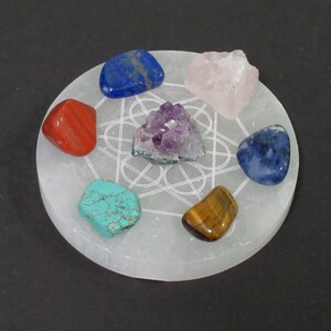 Engraved 4&quot; Selenite Charger Disk with 7 Chakra Stones - Chakra Healing Crystals