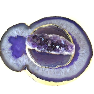 Purple Agate Tealight Candle Holder - Agate Lid - Amethyst Cluster Top - Gold Leafed - Home Décor