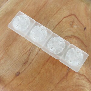 May include: A set of four clear glass drawer pulls with a sand dollar design.
